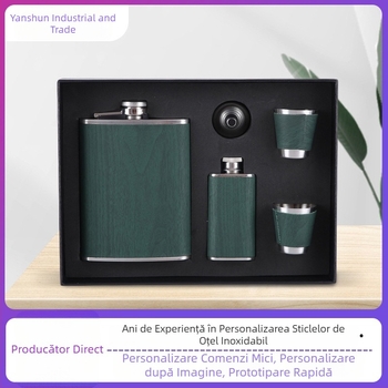 Set din oțel inoxidabil verde închis pentru vin, sticlă portabilă de exterior, stil retro rus, cutie cadou pentru sticla de vin