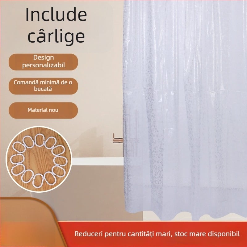Cortină de duș transparentă, groasă, cu model pietre de râu 3D, impermeabilă PEVA pentru baie