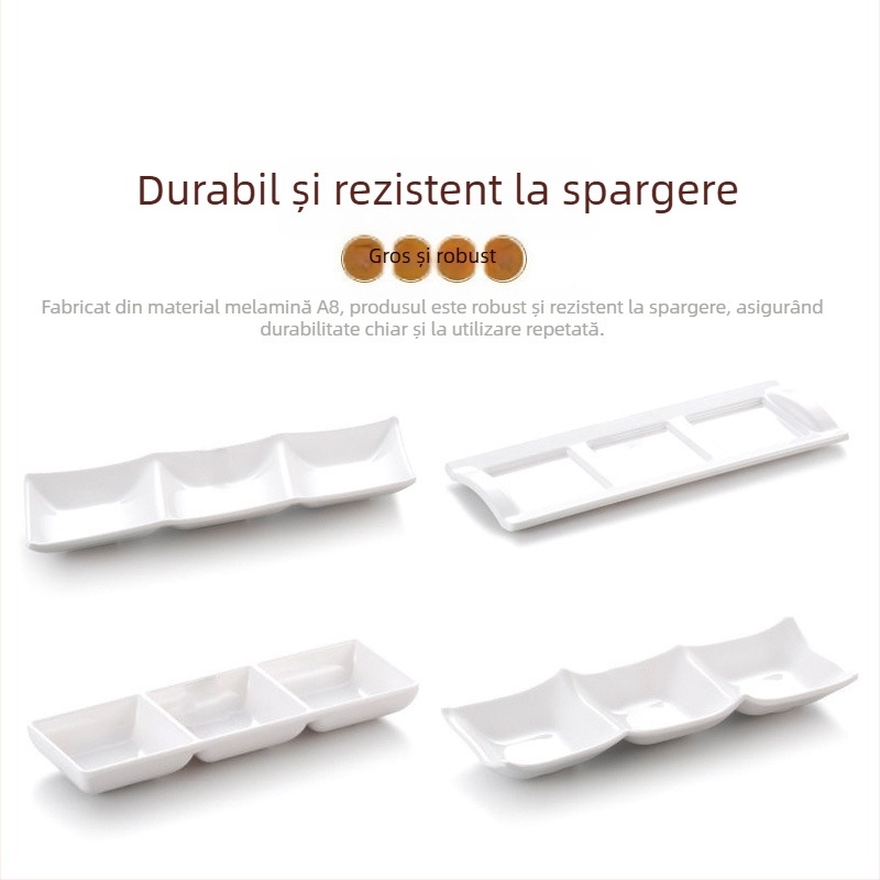 Yangge imitație de porțelan cu trei compartimente pentru sosuri, potrivit pentru hot pot și grătar, farfurie din melamină