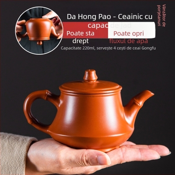Ceainic Yixing din lut de nisip mov, cu suport și capac din jad, glazură roșie, 220 ml, set Kung Fu de ceai