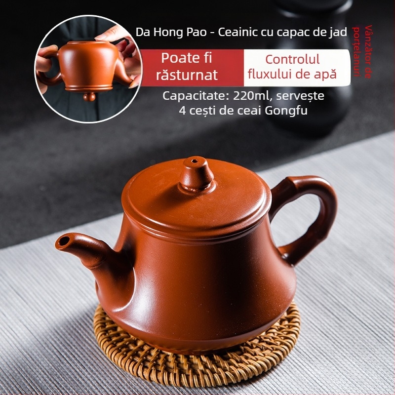 Ceainic Yixing din lut de nisip mov, cu suport și capac din jad, glazură roșie, 220 ml, set Kung Fu de ceai