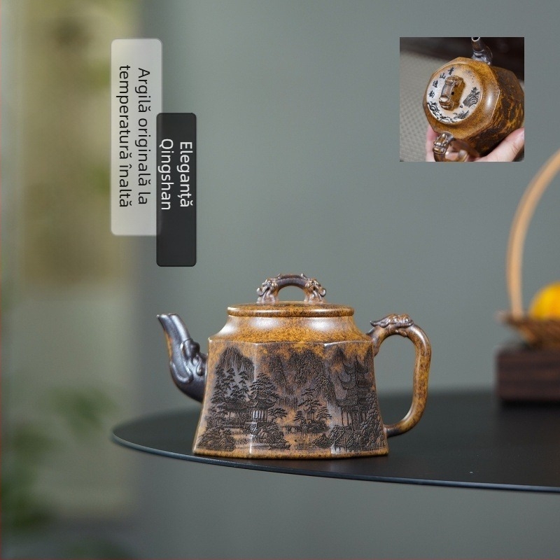 Ceainic Yixing din lut mov, fabricat manual de maestru, design cu dragon dublu, formă octogonală, lut mineral original, ceramică la temperaturi înalte