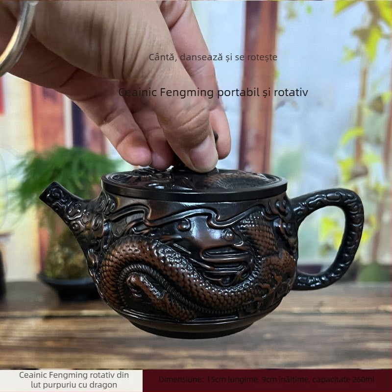 Ceainic din lut mov din Yunnan, lucrat manual, cu sculpturi detaliate ale dragonului și fenixului, poate fi ridicat și rotit, capacitate mare pentru uz casnic