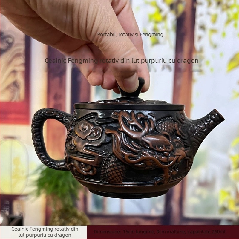 Ceainic din lut mov din Yunnan, lucrat manual, cu sculpturi detaliate ale dragonului și fenixului, poate fi ridicat și rotit, capacitate mare pentru uz casnic