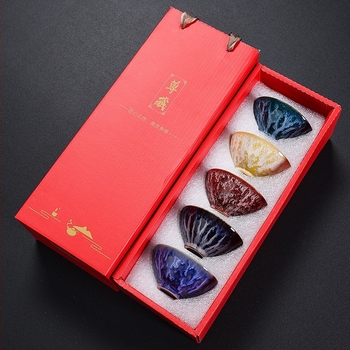 Set de ceai din ceramică cu glazură de cuptor, ceainic și patru cești, cești cu cinci elemente, versiune de călătorie, Tianmu glazură
