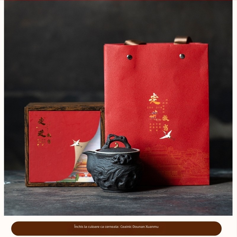 Ceainic ceramic lucrat manual, finisaj închis inspirat de inkstone, piatră Taihu antic, mâner din lemn Ebony, pentru ceai Gongfu acasă