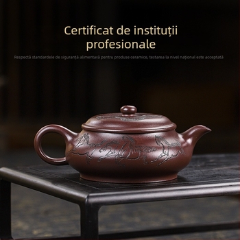 Ceainic Yixing din lut purpuriu, lucrat manual, cu certificat complet; lut purpuriu vechi; motiv cu opt cai; patinare ușoară; turnare lină