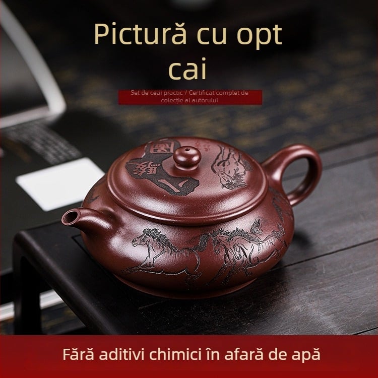 Ceainic Yixing din lut purpuriu, lucrat manual, cu certificat complet; lut purpuriu vechi; motiv cu opt cai; patinare ușoară; turnare lină