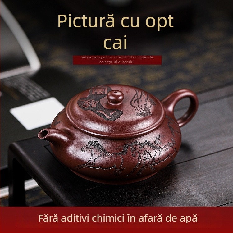 Ceainic Yixing din lut purpuriu, lucrat manual, cu certificat complet; lut purpuriu vechi; motiv cu opt cai; patinare ușoară; turnare lină