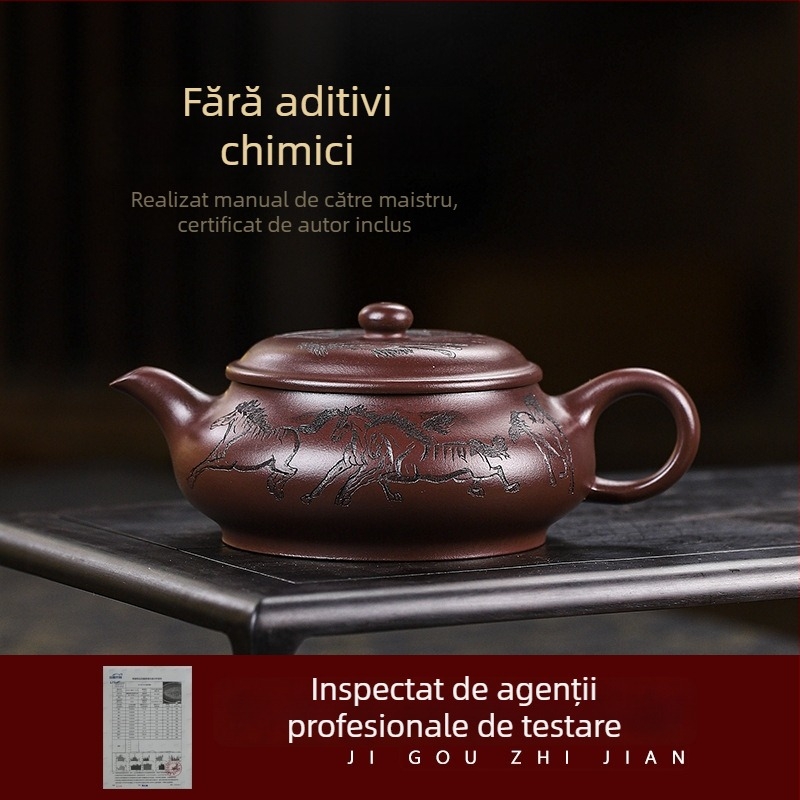 Ceainic Yixing din lut purpuriu, lucrat manual, cu certificat complet; lut purpuriu vechi; motiv cu opt cai; patinare ușoară; turnare lină