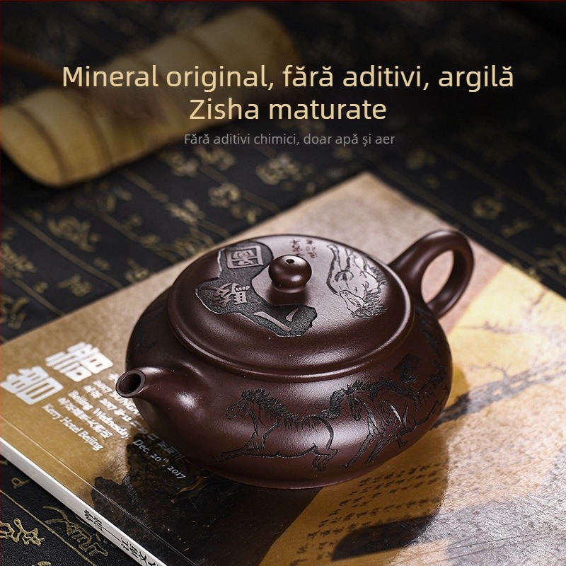 Ceainic Yixing din lut purpuriu, lucrat manual, cu certificat complet; lut purpuriu vechi; motiv cu opt cai; patinare ușoară; turnare lină