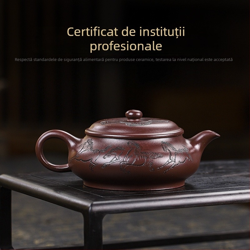 Ceainic Yixing din lut purpuriu, lucrat manual, cu certificat complet; lut purpuriu vechi; motiv cu opt cai; patinare ușoară; turnare lină