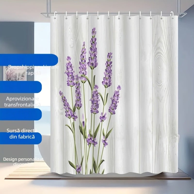 Cortină de duș cu imprimare lavandă și motiv de plăci din lemn, flori mov, poliester premium pentru baie, cu cârlige