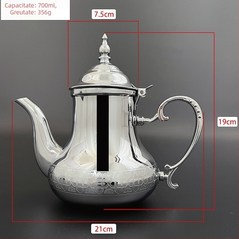 Ceainic din oțel inoxidabil cu motiv floral gravat, design inspirat arabesc, 700 ml, potrivit pentru aragaz cu gaz și inducție, pentru camping