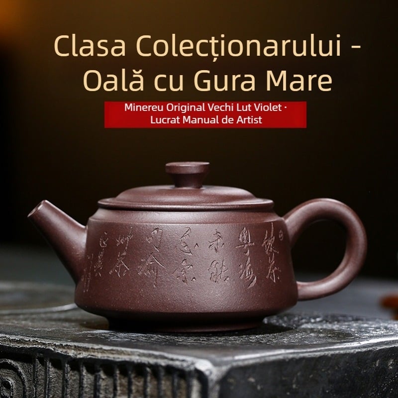 Ceainic din lut mov, lucrat manual, cu gură largă, stil modern minimalist, în cutie cadou