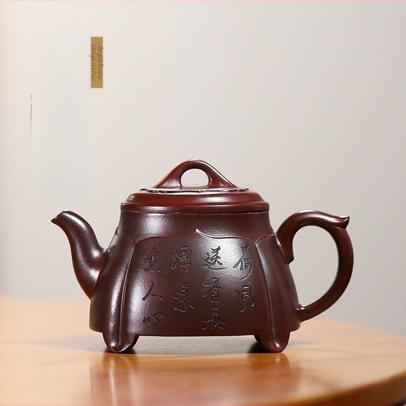 Ceainic Yixing din lut purpuriu, lucrat manual, design pătrat cu lotus, set Gongfu pentru uz casnic