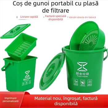 Coș de gunoi pătrat de 10L cu capac și filtru, pentru uz casnic, separare uscat-umed a deșeurilor în bucătărie; include o găleată rotundă de 20L pentru ceai și apă.