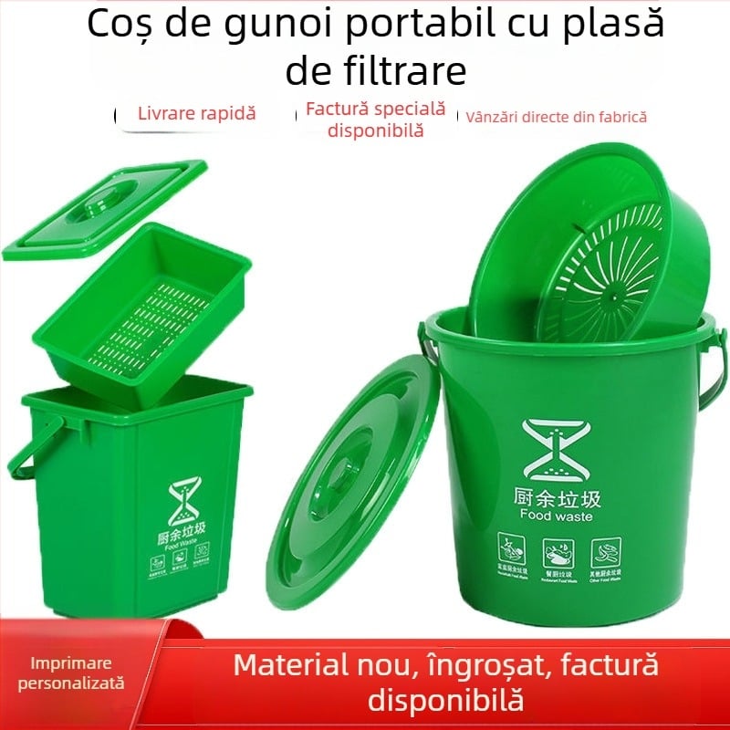 Coș de gunoi pătrat de 10L cu capac și filtru, pentru uz casnic, separare uscat-umed a deșeurilor în bucătărie; include o găleată rotundă de 20L pentru ceai și apă.