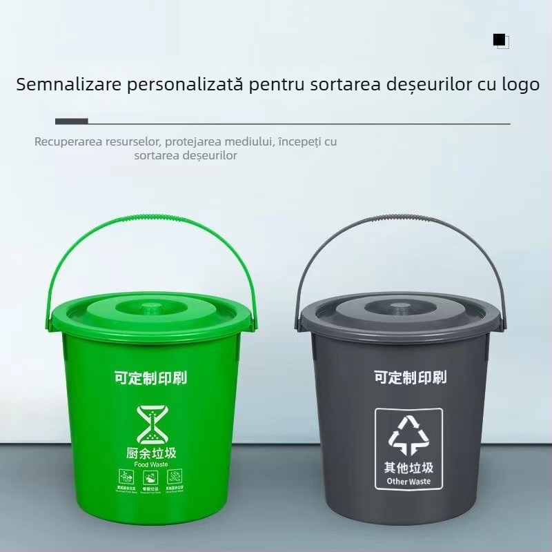 Coș de gunoi pătrat de 10L cu capac și filtru, pentru uz casnic, separare uscat-umed a deșeurilor în bucătărie; include o găleată rotundă de 20L pentru ceai și apă.