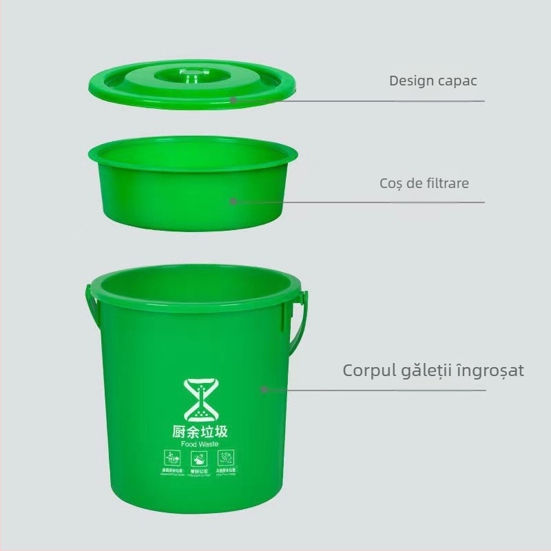 Coș de gunoi pătrat de 10L cu capac și filtru, pentru uz casnic, separare uscat-umed a deșeurilor în bucătărie; include o găleată rotundă de 20L pentru ceai și apă.