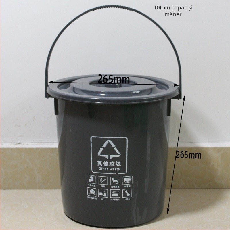 Coș de gunoi pătrat de 10L cu capac și filtru, pentru uz casnic, separare uscat-umed a deșeurilor în bucătărie; include o găleată rotundă de 20L pentru ceai și apă.