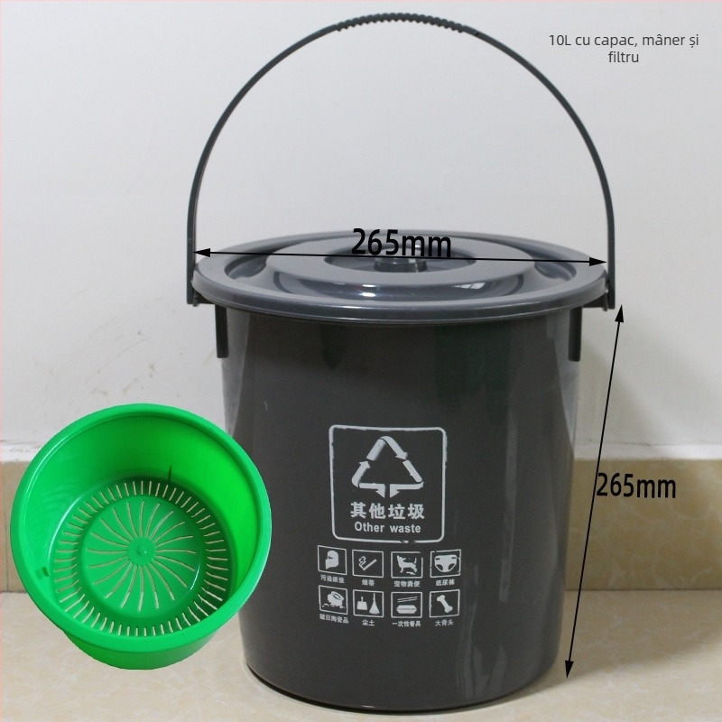 Coș de gunoi pătrat de 10L cu capac și filtru, pentru uz casnic, separare uscat-umed a deșeurilor în bucătărie; include o găleată rotundă de 20L pentru ceai și apă.