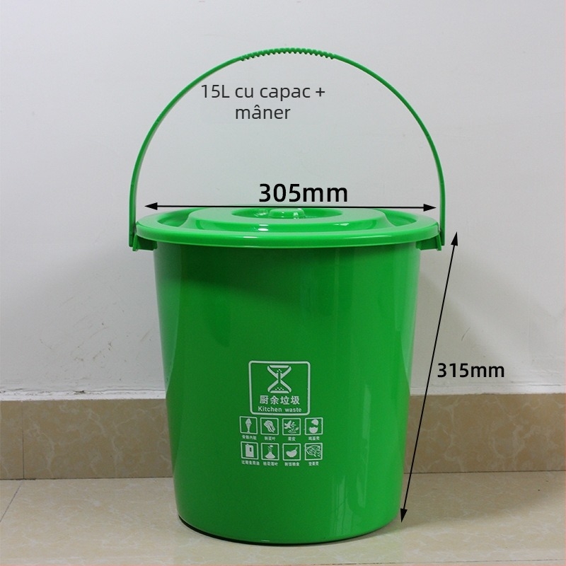 Coș de gunoi pătrat de 10L cu capac și filtru, pentru uz casnic, separare uscat-umed a deșeurilor în bucătărie; include o găleată rotundă de 20L pentru ceai și apă.