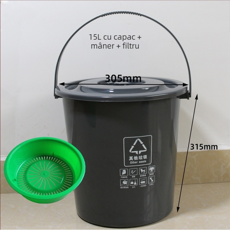 Coș de gunoi pătrat de 10L cu capac și filtru, pentru uz casnic, separare uscat-umed a deșeurilor în bucătărie; include o găleată rotundă de 20L pentru ceai și apă.