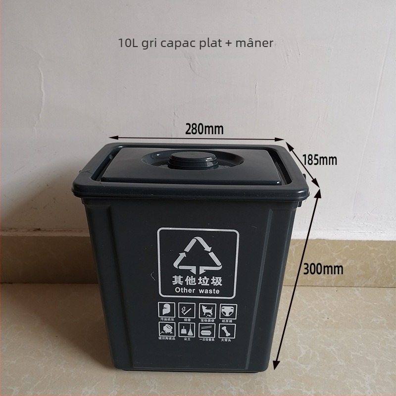 Coș de gunoi pătrat de 10L cu capac și filtru, pentru uz casnic, separare uscat-umed a deșeurilor în bucătărie; include o găleată rotundă de 20L pentru ceai și apă.