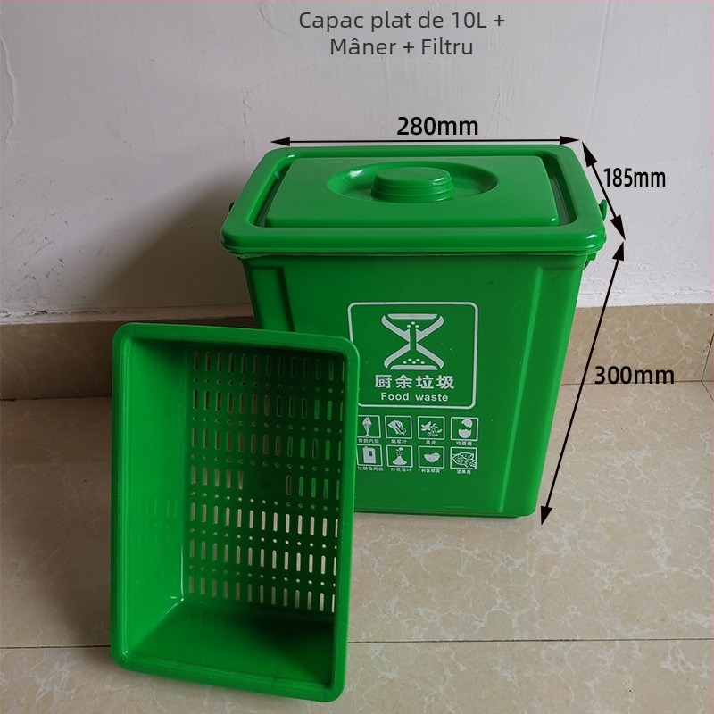 Coș de gunoi pătrat de 10L cu capac și filtru, pentru uz casnic, separare uscat-umed a deșeurilor în bucătărie; include o găleată rotundă de 20L pentru ceai și apă.