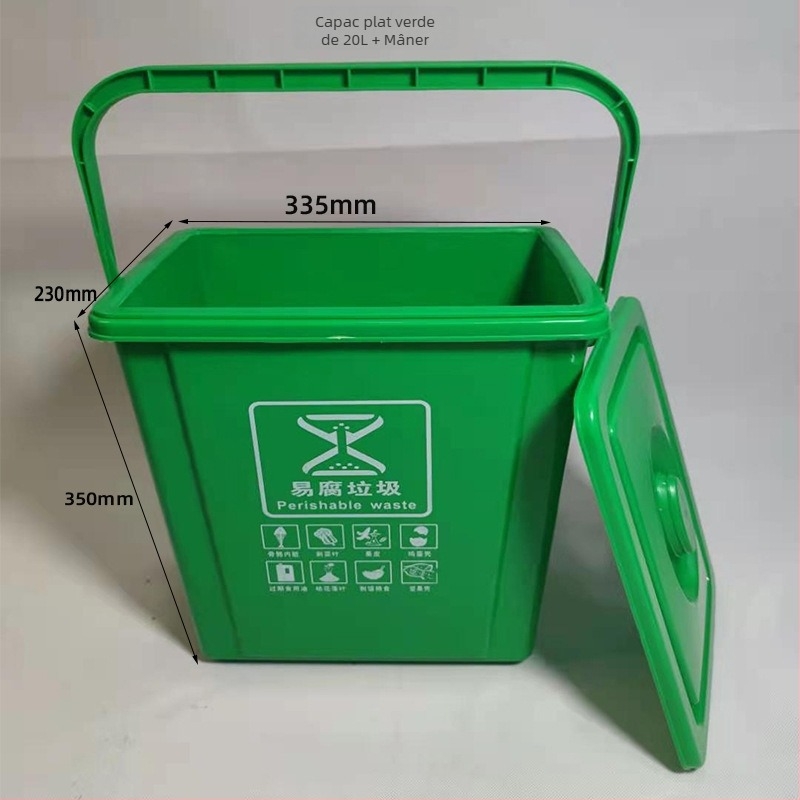 Coș de gunoi pătrat de 10L cu capac și filtru, pentru uz casnic, separare uscat-umed a deșeurilor în bucătărie; include o găleată rotundă de 20L pentru ceai și apă.