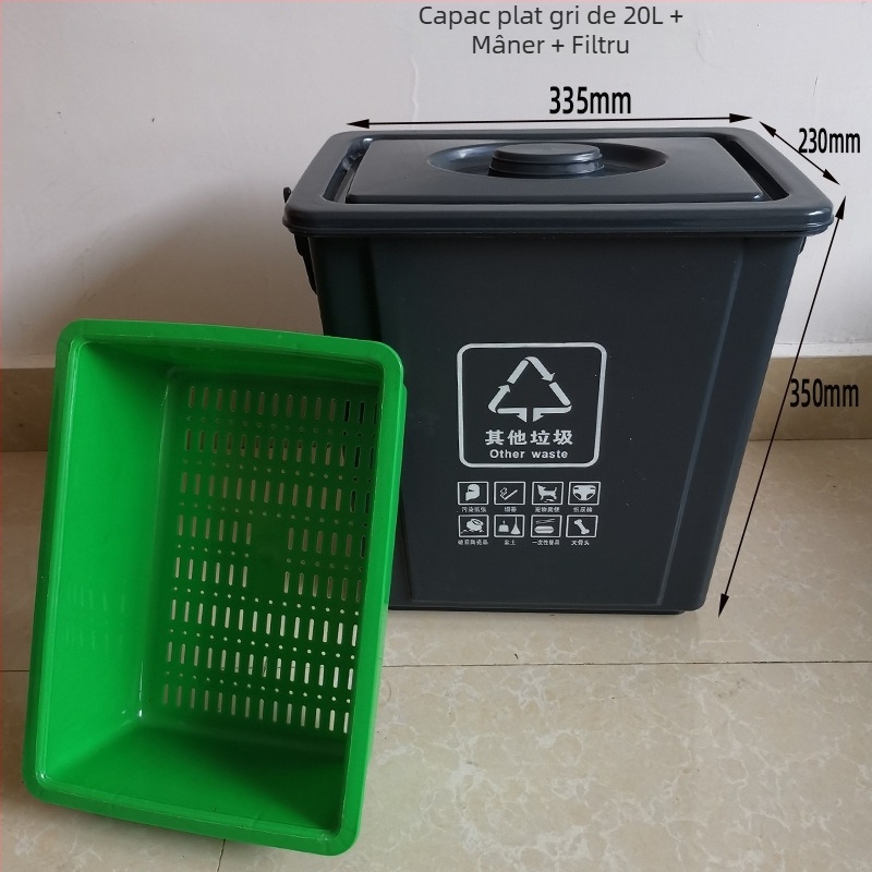 Coș de gunoi pătrat de 10L cu capac și filtru, pentru uz casnic, separare uscat-umed a deșeurilor în bucătărie; include o găleată rotundă de 20L pentru ceai și apă.