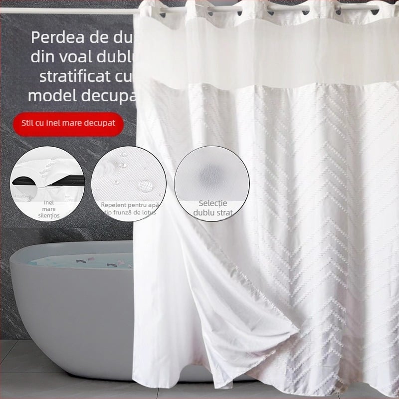 Cortină de duș din tifon dublu strat, cu inele mari, impermeabilă, culoare solidă, perdea despărțitoare pentru baie, detașabilă
