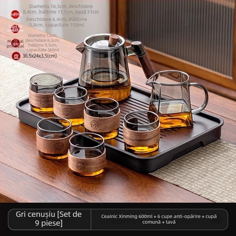 Set de ceai din sticlă cu ceainic și tavă de servire, stil modern minimalist, pentru 6 persoane, acasă sau la birou