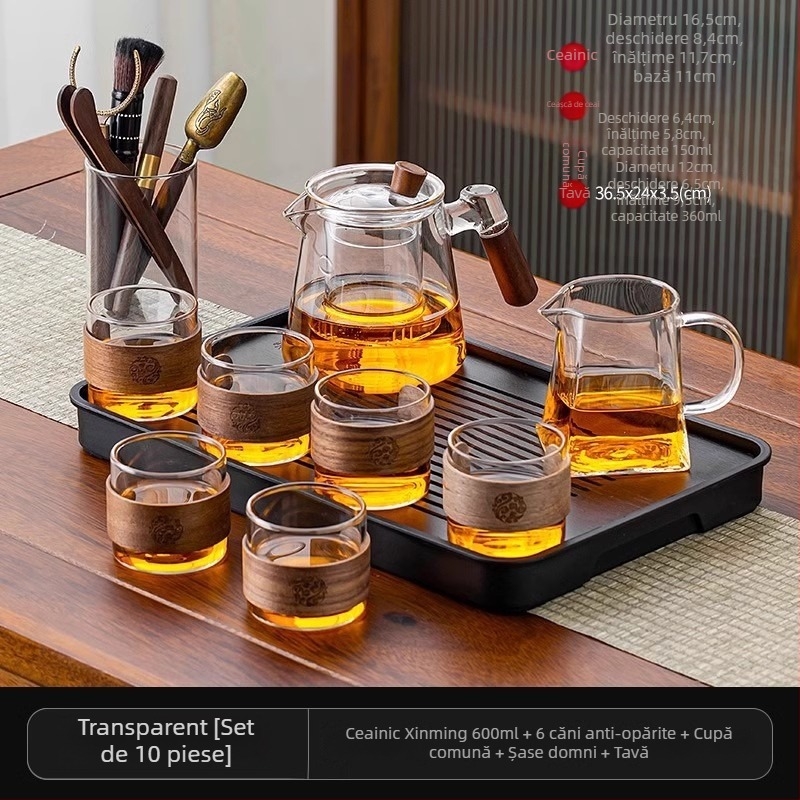 Set de ceai din sticlă cu ceainic și tavă de servire, stil modern minimalist, pentru 6 persoane, acasă sau la birou