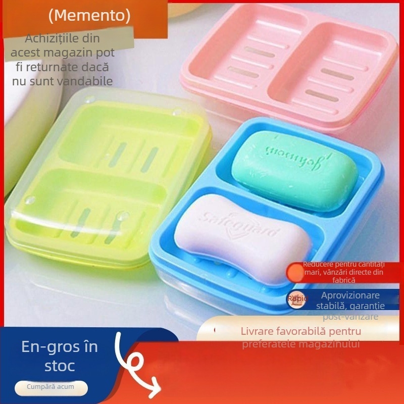 Suport de săpun din plastic cu două compartimente și capac, drenaj, pentru cămine universitare și baie