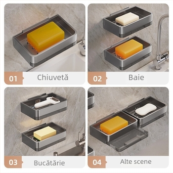 Suport montat pe perete pentru săpun cu raft de depozitare, baie, fără găuri