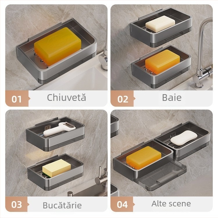 Suport montat pe perete pentru săpun cu raft de depozitare, baie, fără găuri
