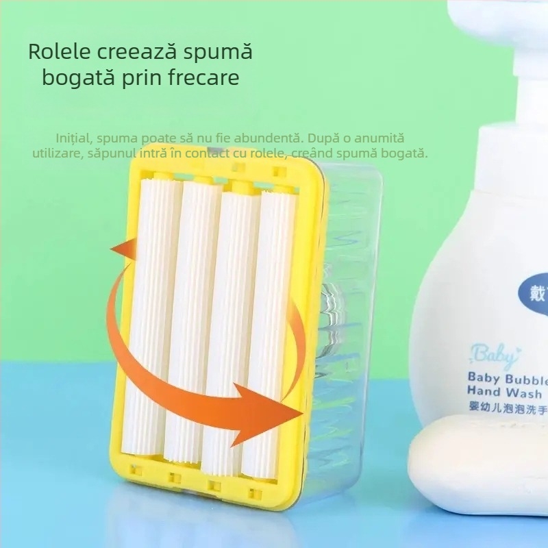 Cutie de săpun fără frecare, cu sistem de spumare cu role, recipient multifuncțional de drenaj