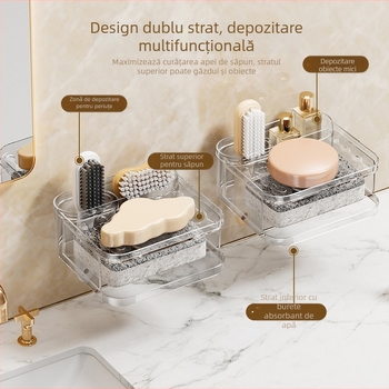 Cutie de săpun montată pe perete, fără găuri, drenaj, baie, raft dublu de depozitare, design luxos