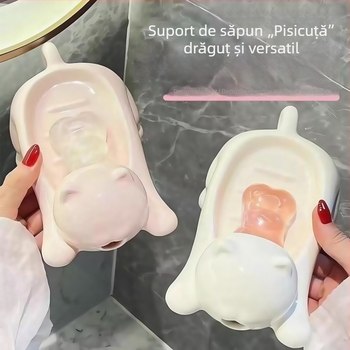 Săpunieră cu drenaj, design pisică de desene animate – creativă și drăguță pentru baie