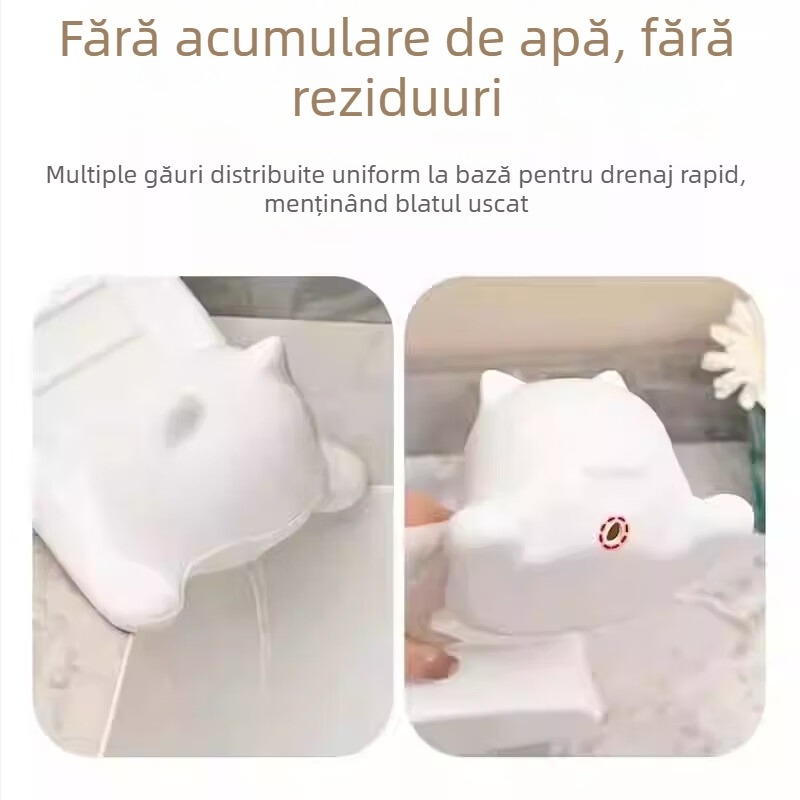 Săpunieră cu drenaj, design pisică de desene animate – creativă și drăguță pentru baie