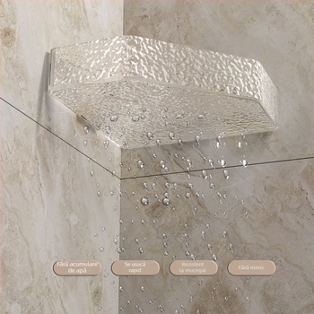 Raft de baie triunghiular, montat pe perete, fără găuri, design ușor lux, model glaciar, spațiu de depozitare pentru duș și chiuvetă