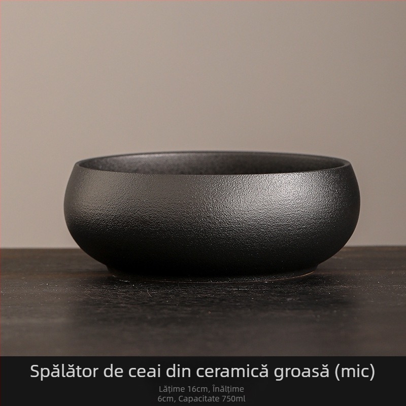 Vas ceramic negru pentru spălarea ceaiului, cu borcan pentru resturi de ceai – Accesoriu Zen pentru set ceai