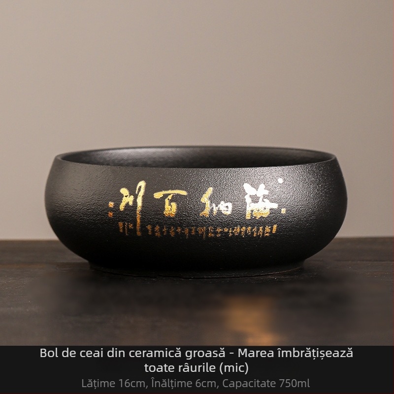 Vas ceramic negru pentru spălarea ceaiului, cu borcan pentru resturi de ceai – Accesoriu Zen pentru set ceai