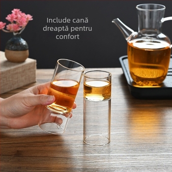Set ceainic din sticlă borosilicată, cu căni în formă de segmente de bambus, capacitate mare, design chinezesc în stil Song, posibilitatea personalizării logo-ului