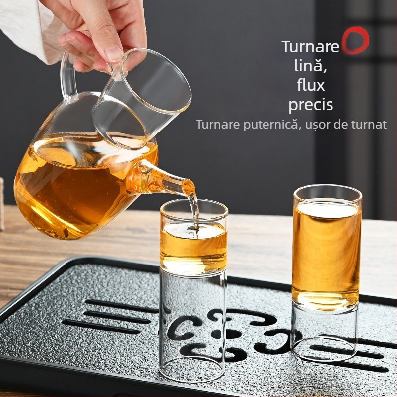 Set ceainic din sticlă borosilicată, cu căni în formă de segmente de bambus, capacitate mare, design chinezesc în stil Song, posibilitatea personalizării logo-ului