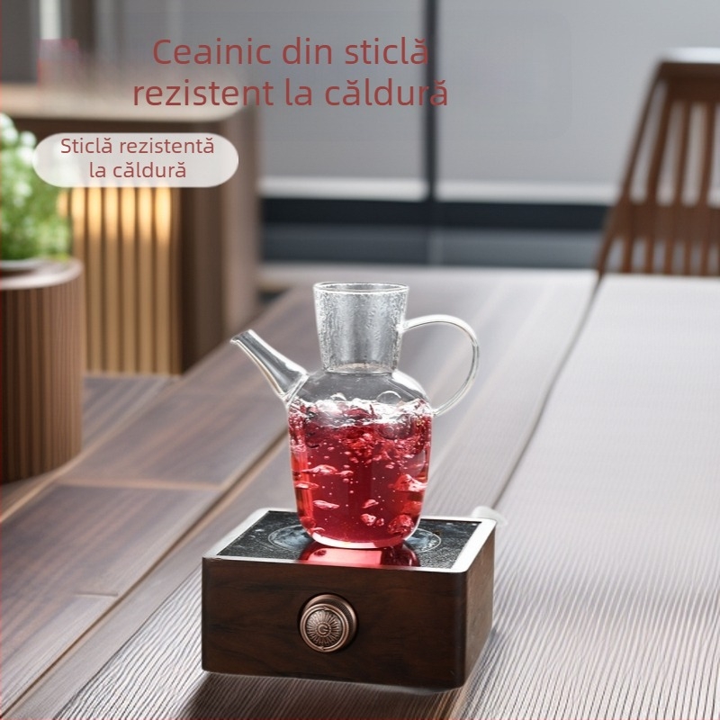 Set ceainic din sticlă borosilicată, cu căni în formă de segmente de bambus, capacitate mare, design chinezesc în stil Song, posibilitatea personalizării logo-ului