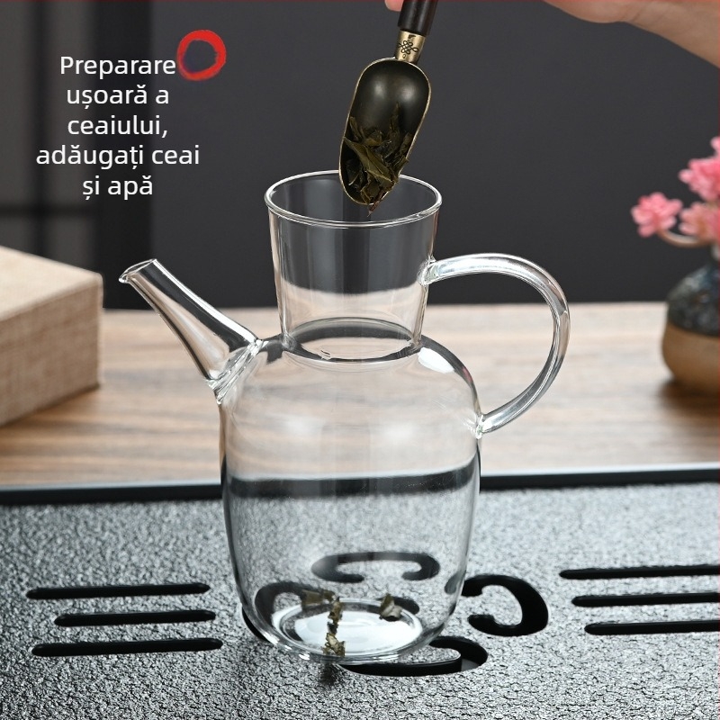 Set ceainic din sticlă borosilicată, cu căni în formă de segmente de bambus, capacitate mare, design chinezesc în stil Song, posibilitatea personalizării logo-ului