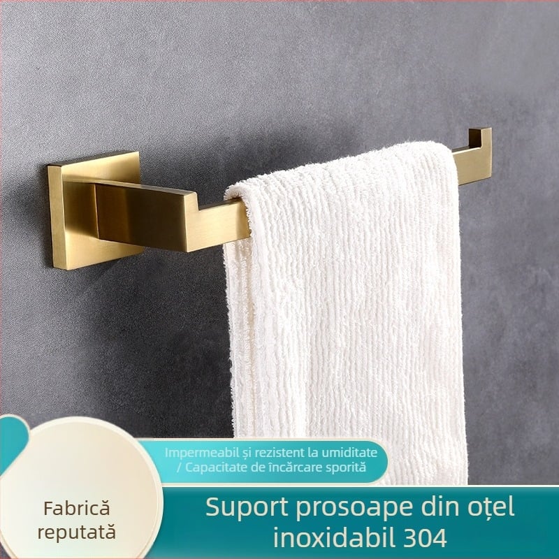 Bară de prosoape din oțel inoxidabil 304, tijă unică, design pătrat, finisaj negru-auriu mat
